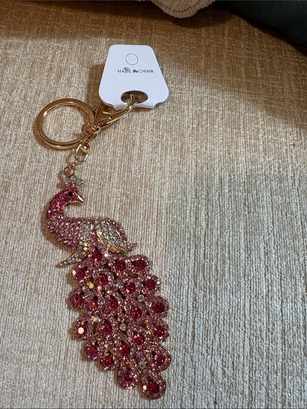 Pink Rhinestone Peacock Bag Charm with Gold-Tone Hardware